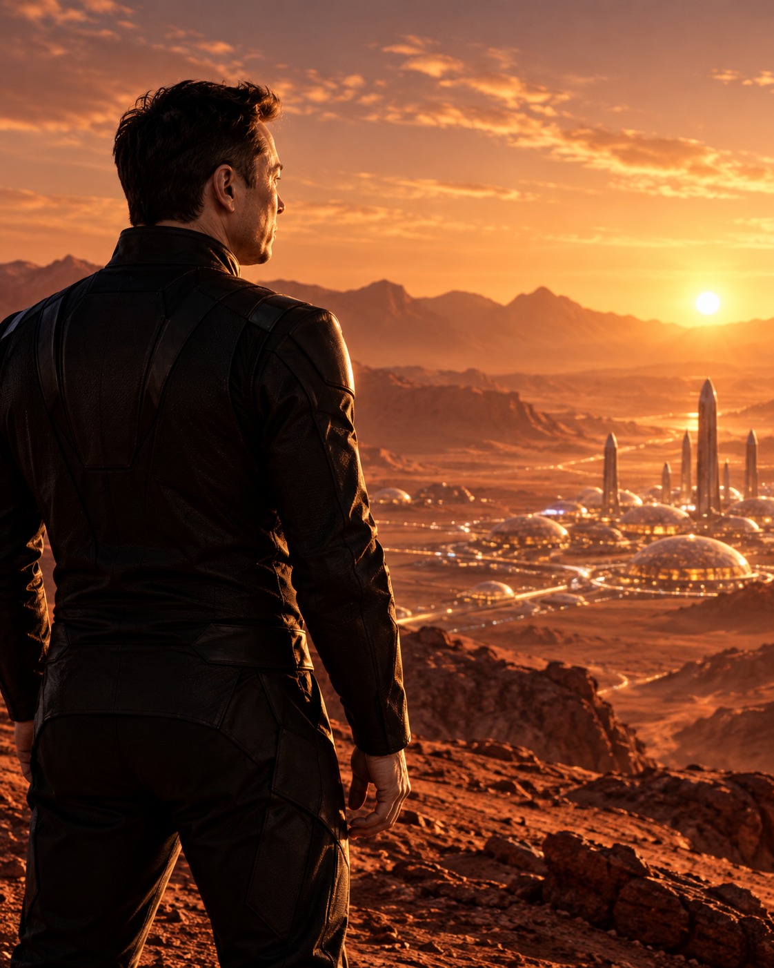 Alien X looking across a Martian settlement as recognition brings home within reach